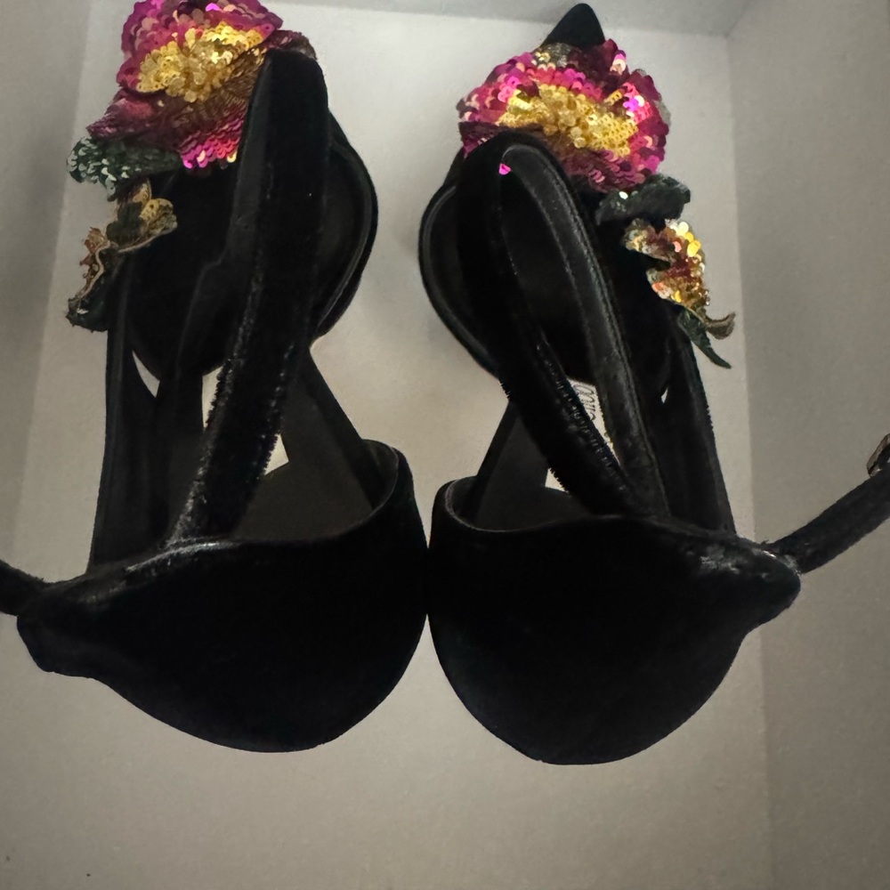 Jimmy Choo Black Velvet Heels with Sequin Floral Embellishments - Picture 7 of 8